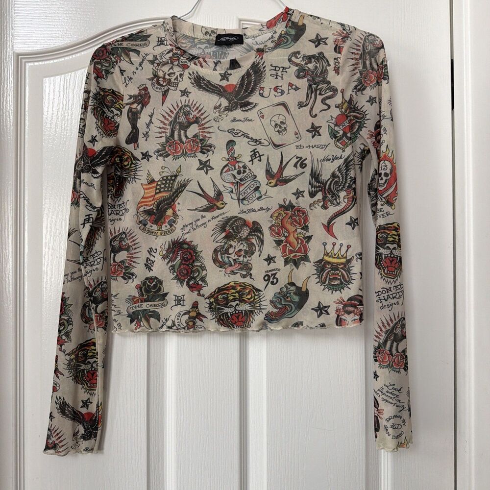 Ed Hardy Tattoo Print Mesh Cropped Long Sleeve Top Y2K Size Large